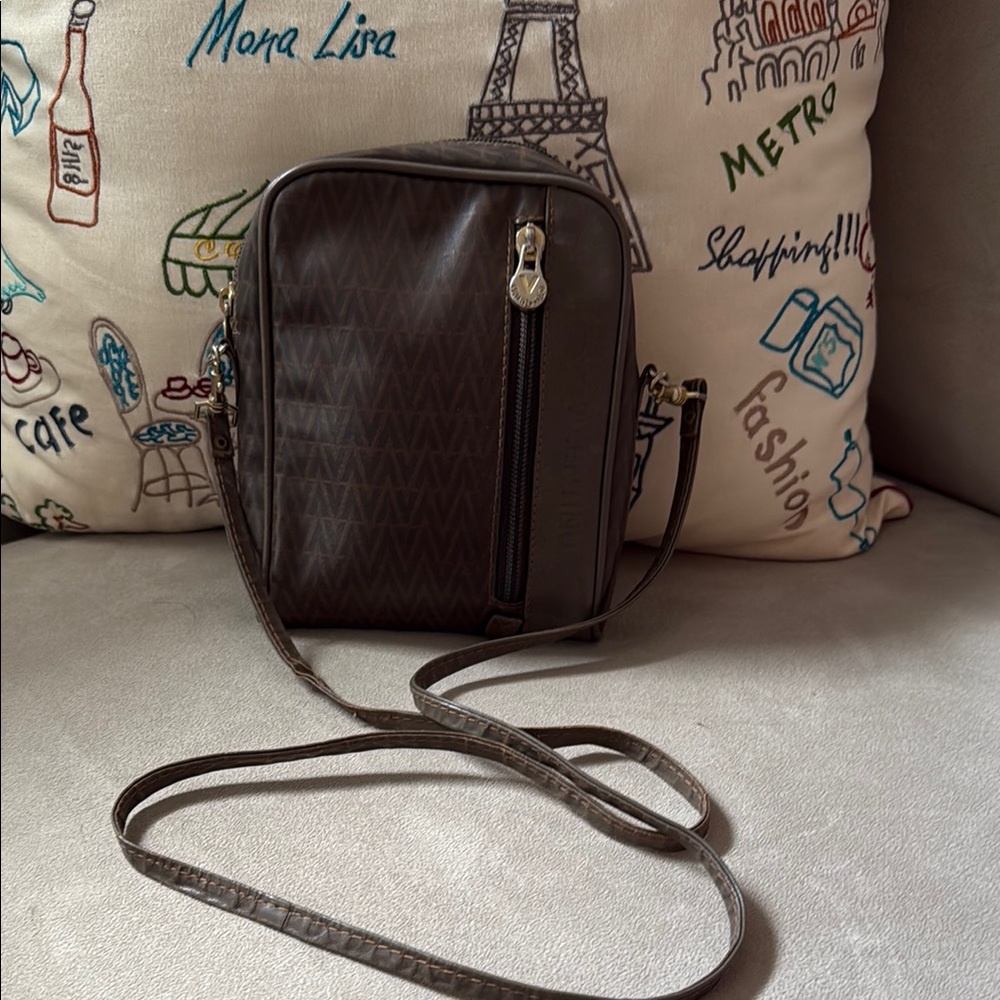 Mario Valentino Brown Leather Crossbody Bag with Vertical Zipper